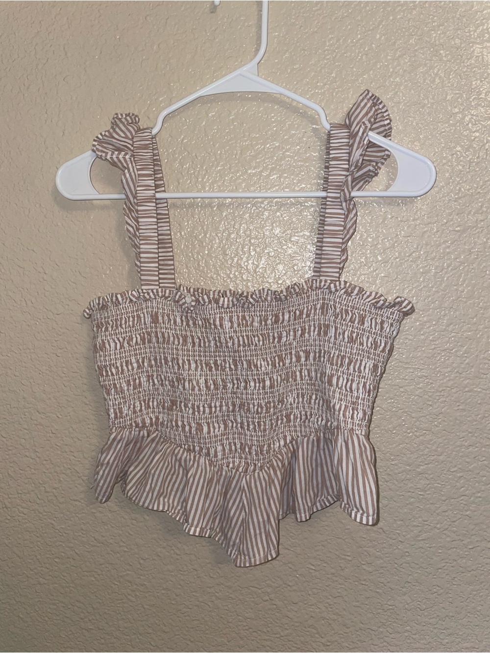 American Eagle Outfitters Beige & White Striped Smocked Ruffle Crop Top